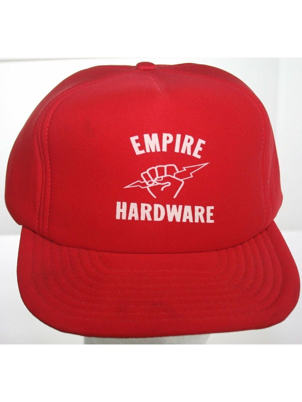 Vintage 1980s Empire Hardware Hat New York Script Logo Red Snapback Trucker Cap